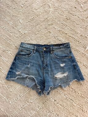 Blank NYC Distressed High-Rise Denim Cutoff Shorts - Medium Blue